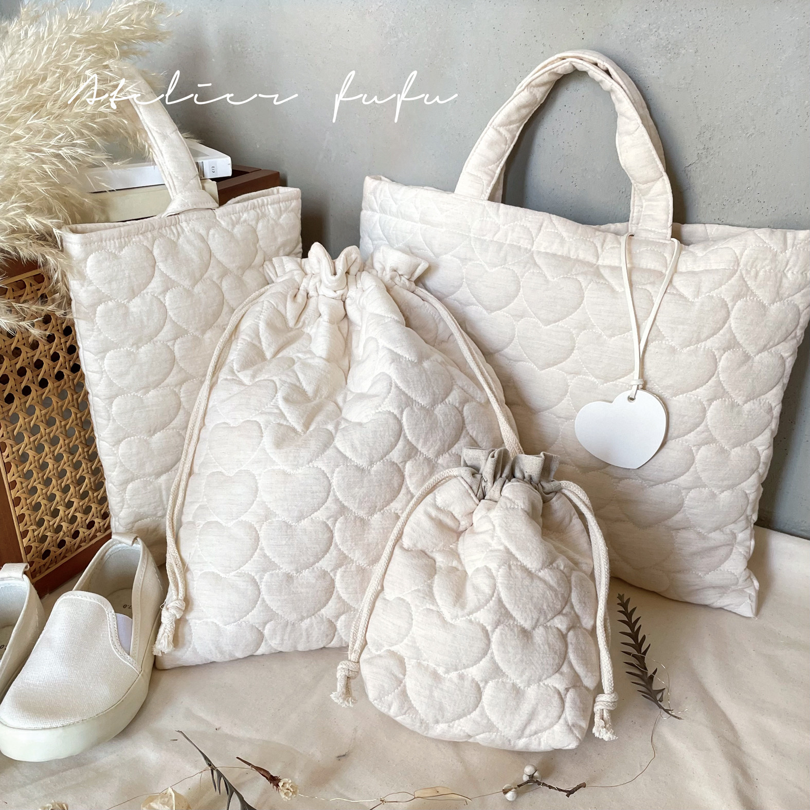 入園入学セット【エクリュ】ハートキルティング　ナチュラル素材　レッスンバッグ　上履き袋　体操着袋　ぷっくり可愛い