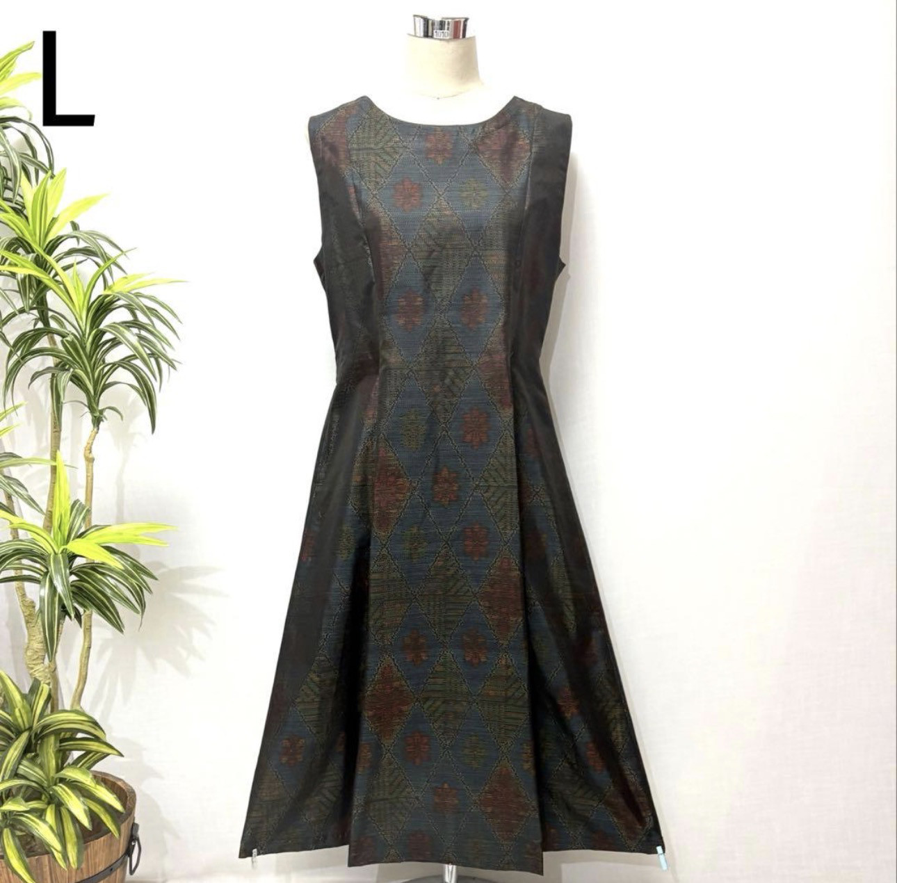 着物リメイク　アンティーク大島紬ワンピース　ジャンパースカート　2WAY ロング　細見せ　プリンセスライン　ノースリーブ