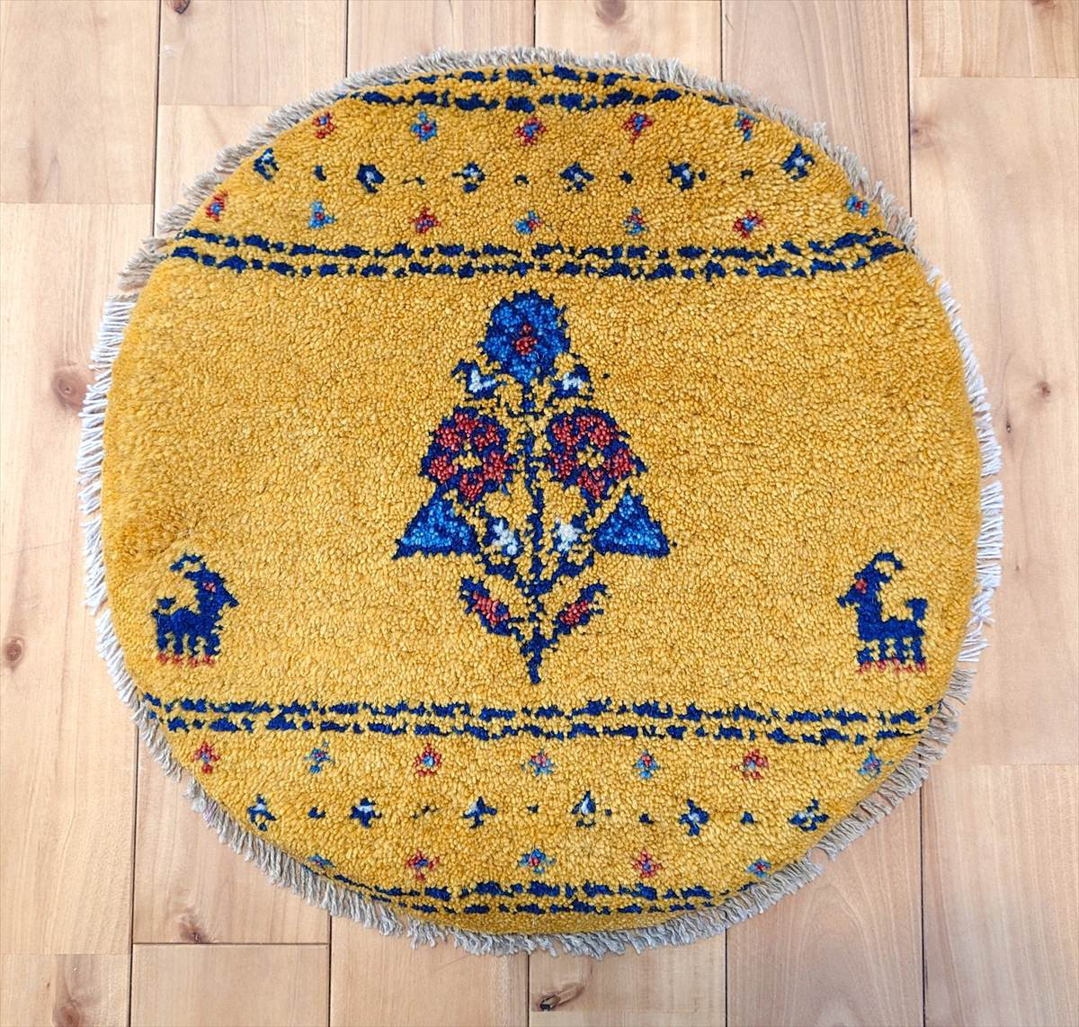ペルシャ　ギャッベ ミニマット 円形　ラグ　横41Φ40cm　黄色　花柄　鹿　Z2816