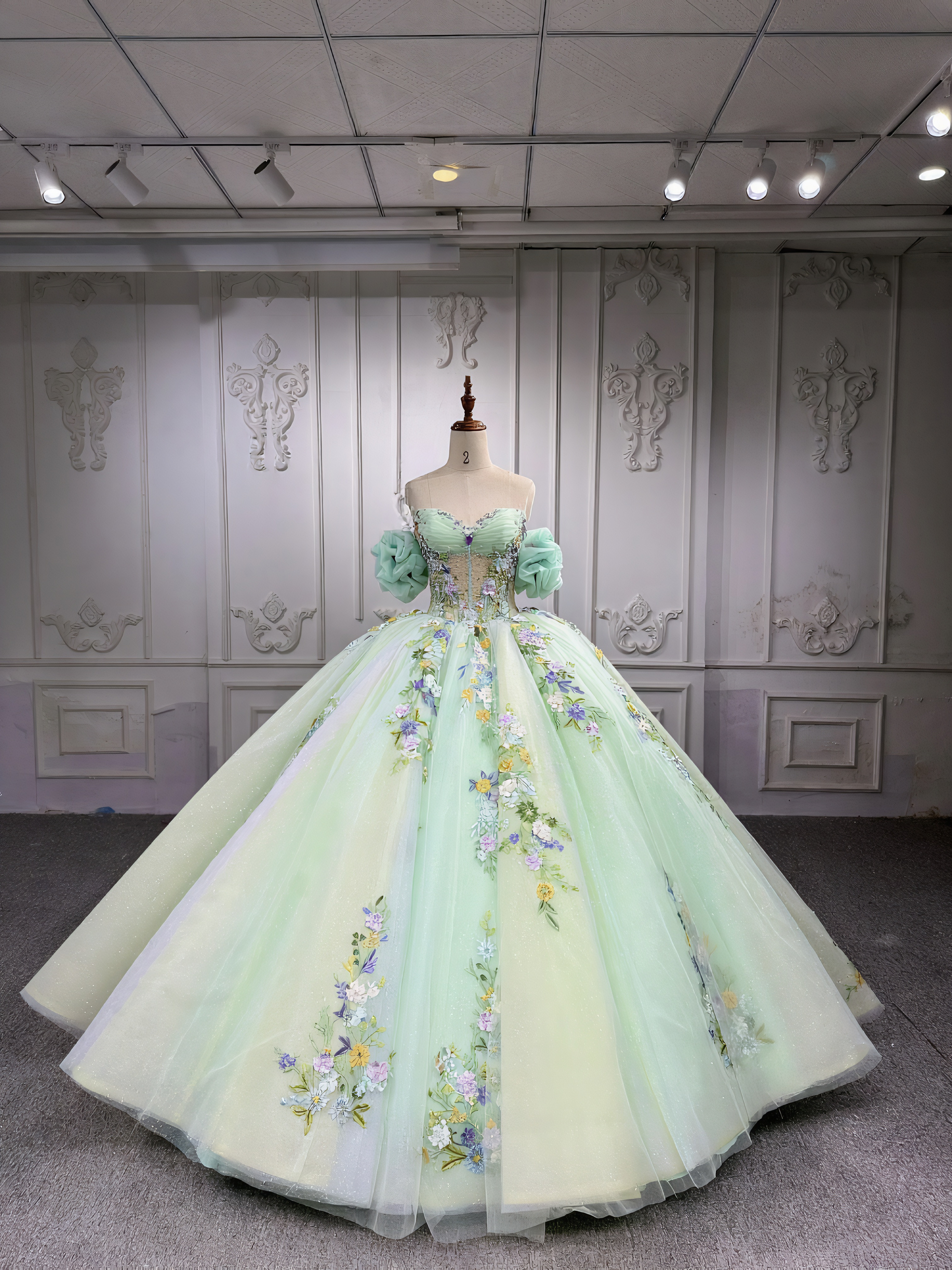 上質　パフスリーブ　二の腕を隠せる　グラデーション　ブリーんイエロー　大人気カラードレスおしゃれなダンスパーティードレス