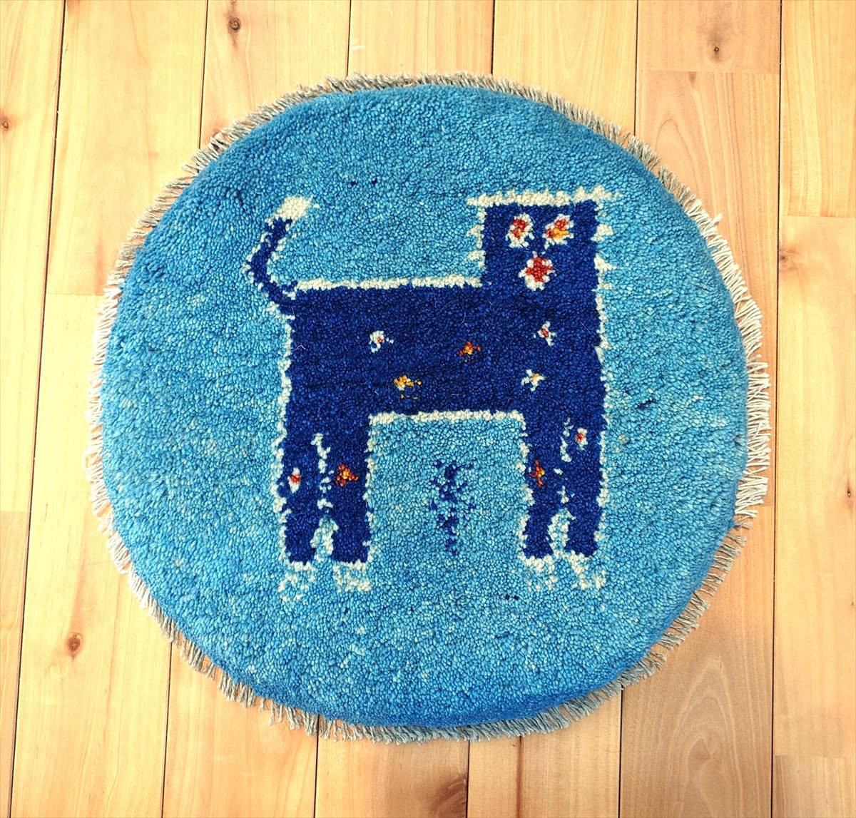 ペルシャ　ギャッベ ミニマット 円形　ラグ　横40Φ39cm　水色 ライオン　Z2804