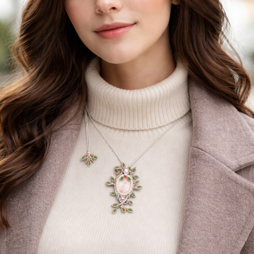 極楽浄土を飾る七宝『ピンク珊瑚(深海珊瑚)』生命の樹マクラメ編ネックレス