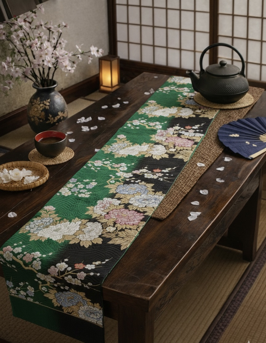 帯リメイクタペストリー＆テーブルランナー 深緑 牡丹と梅の花
