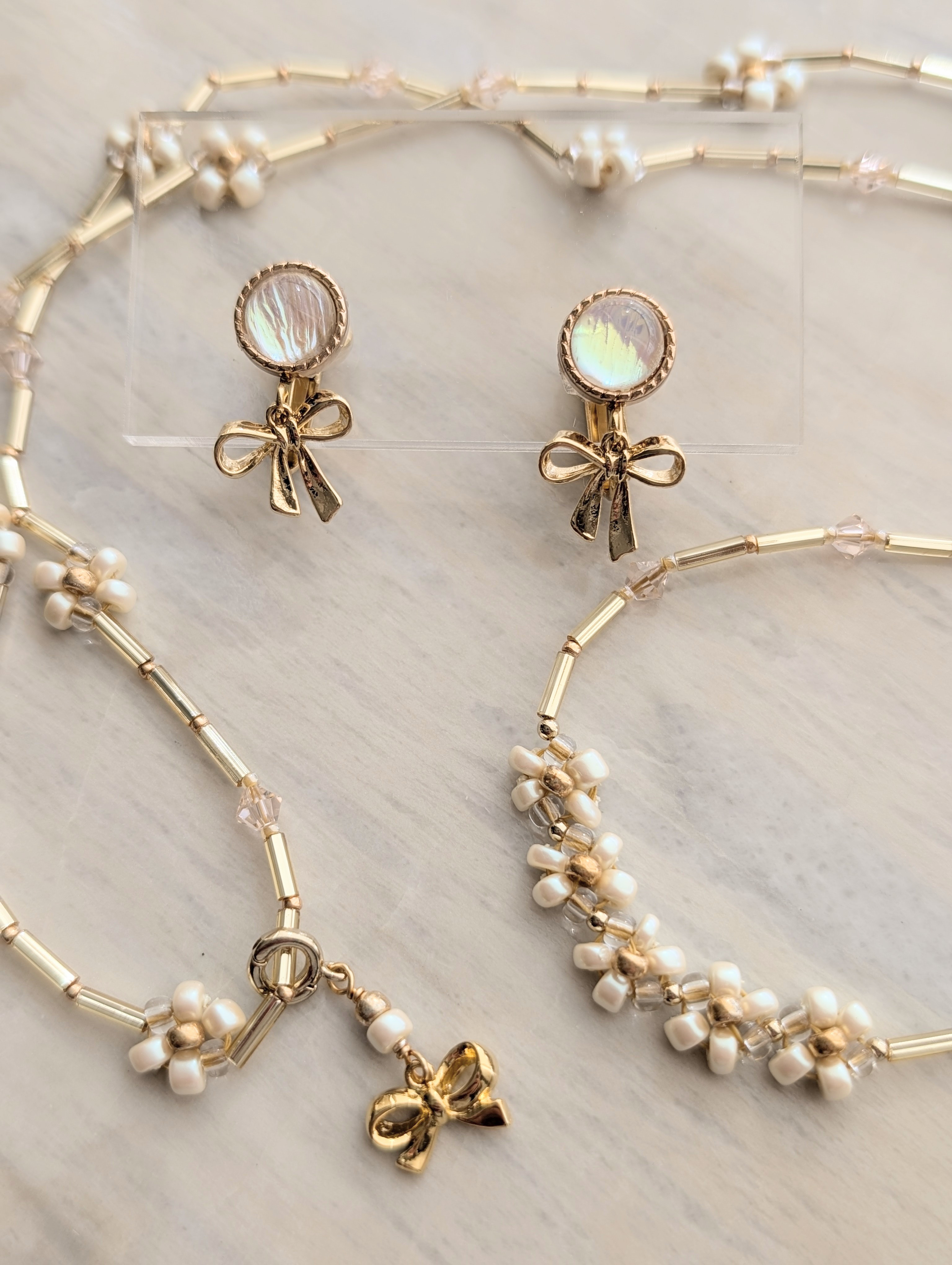 軽量　ネックレス　ブレスレット　イヤリング　3点セット　ピアス　パール　リボン　ゴールド　kore/ten-te