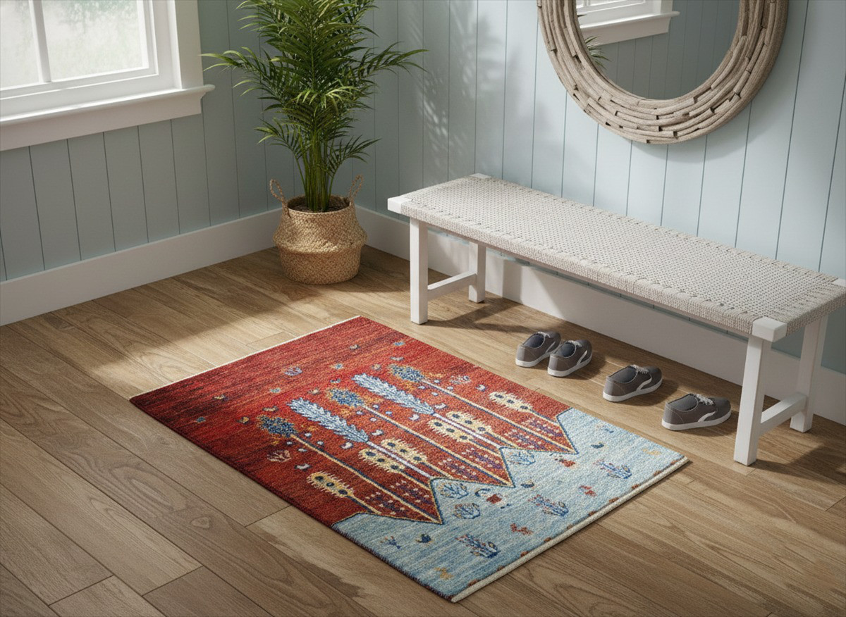 ペルシャ　ギャッベ　ゾランヴァリ　コルクウール　カシュクリ　98x66cm　赤色　水色　花　遊牧民　RJ14842