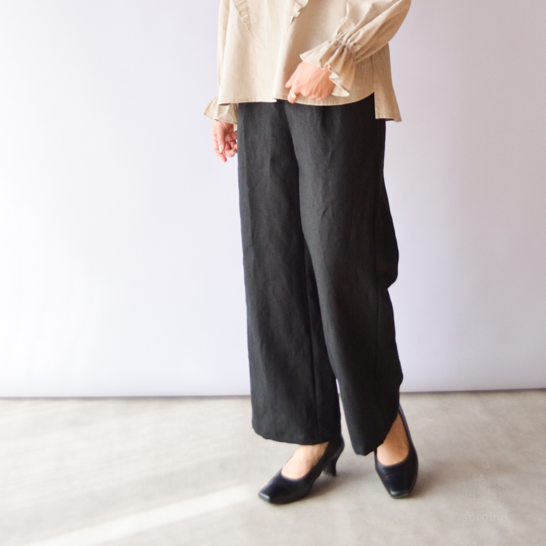 【丈オーダー可｜リネン100％】美シルエット「ほどよいワイドパンツ」前スッキリ＆後ゴムで楽 ブラック