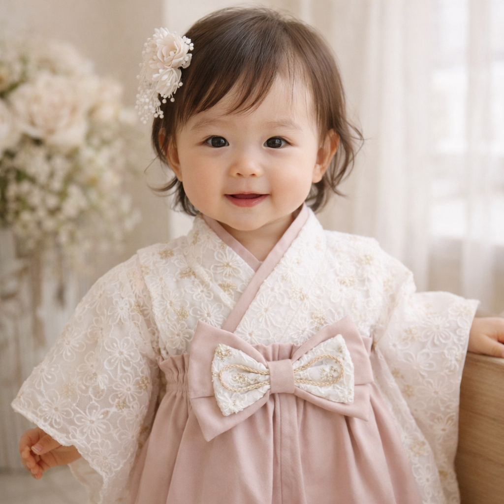 花レース刺繍 ホワイト ベビー袴 ＊ 60 70 80 90 100 着物 お食い初め 100日祝 節句