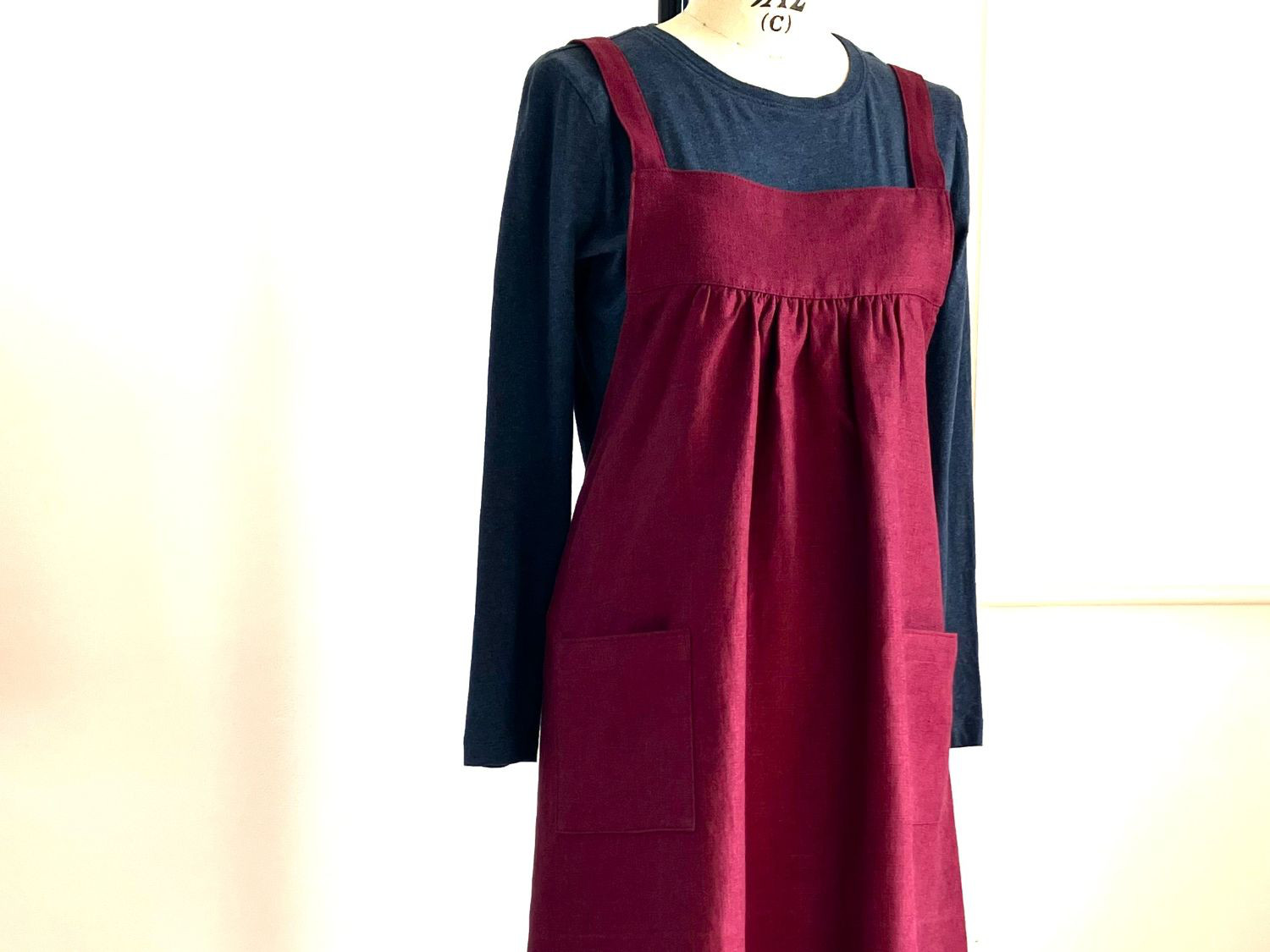 リネンギャザーエプロン＊バッククロス＊ボルドー