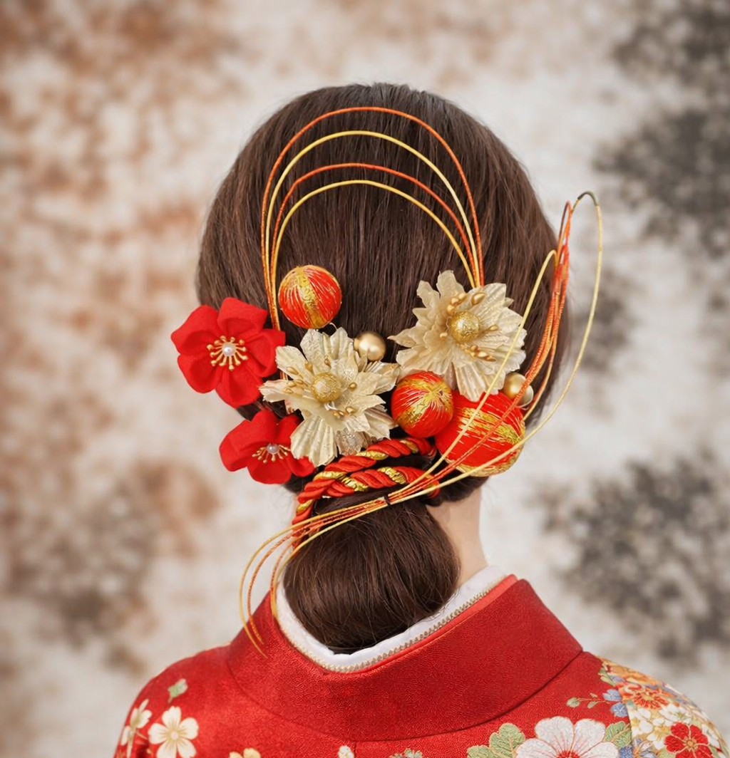 和装髪飾り11点セット 赤・金 成人式 結婚式