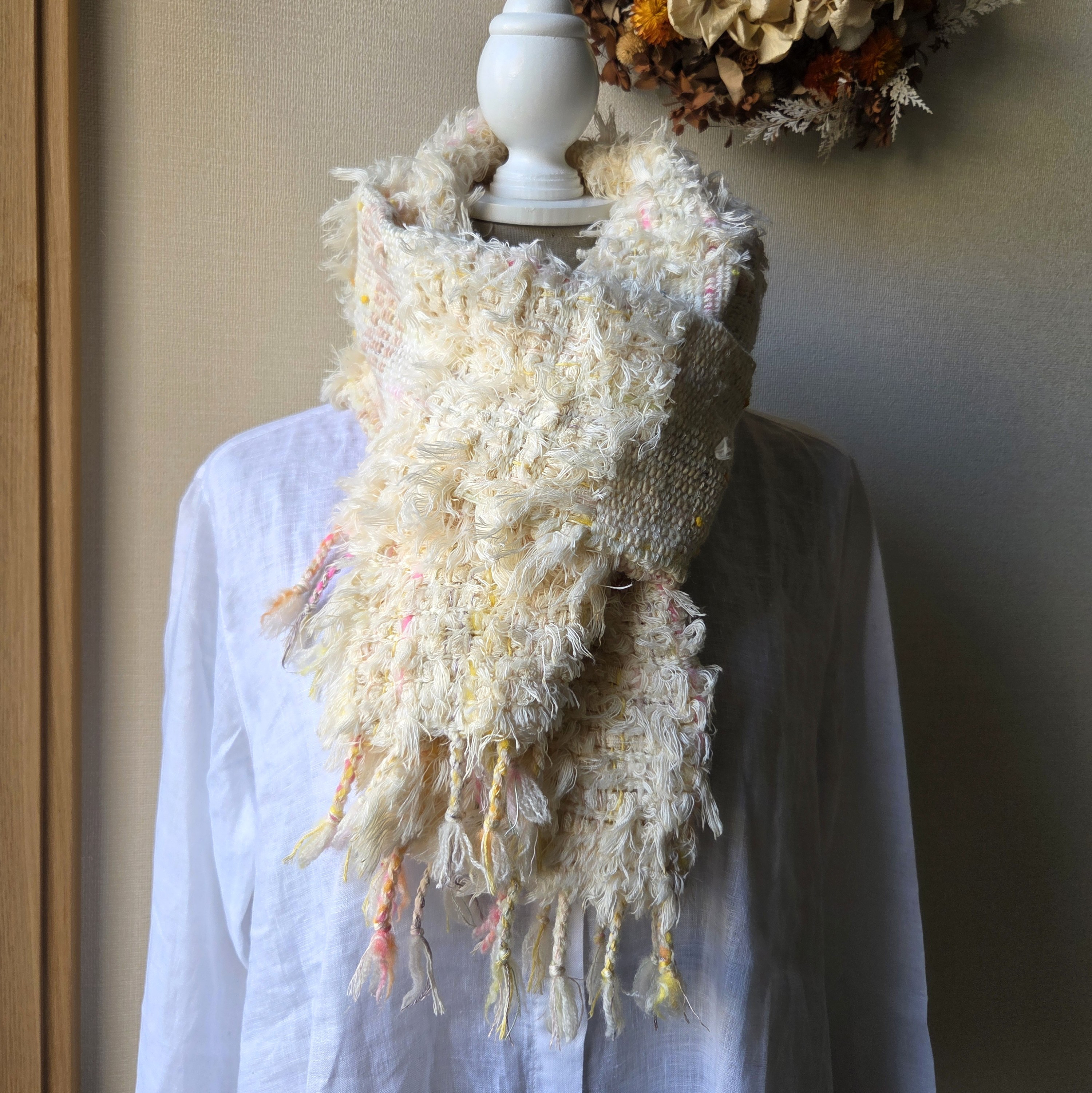 手織り　ふさふさもふもふコットンのしっかり温かいマフラー　作品26019