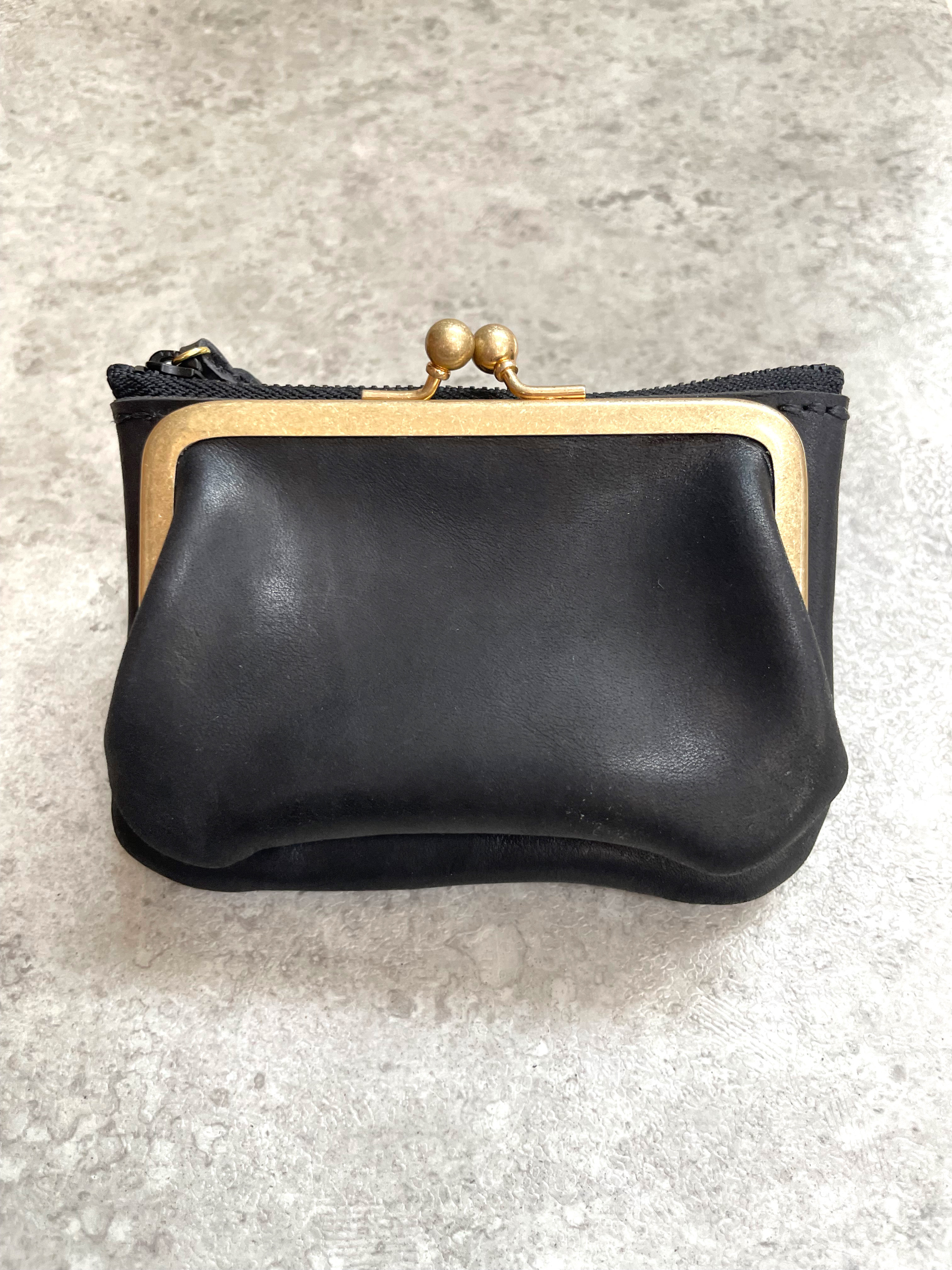 がま口ジッパーミニウォレット　ヌメ革ブラック