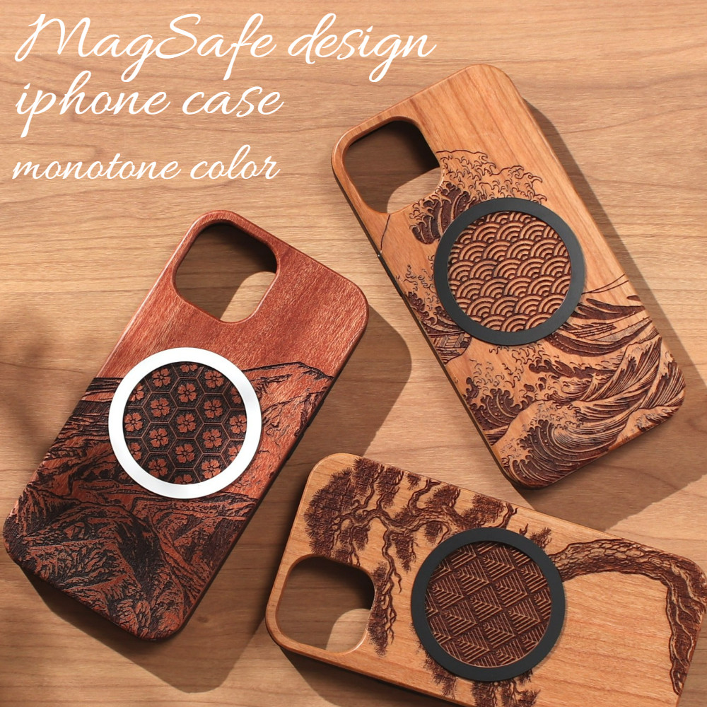 iphone ケース 木製 17 16 15 14 13 SE magsafe ウッド マグネット 和柄 浮世絵 文様