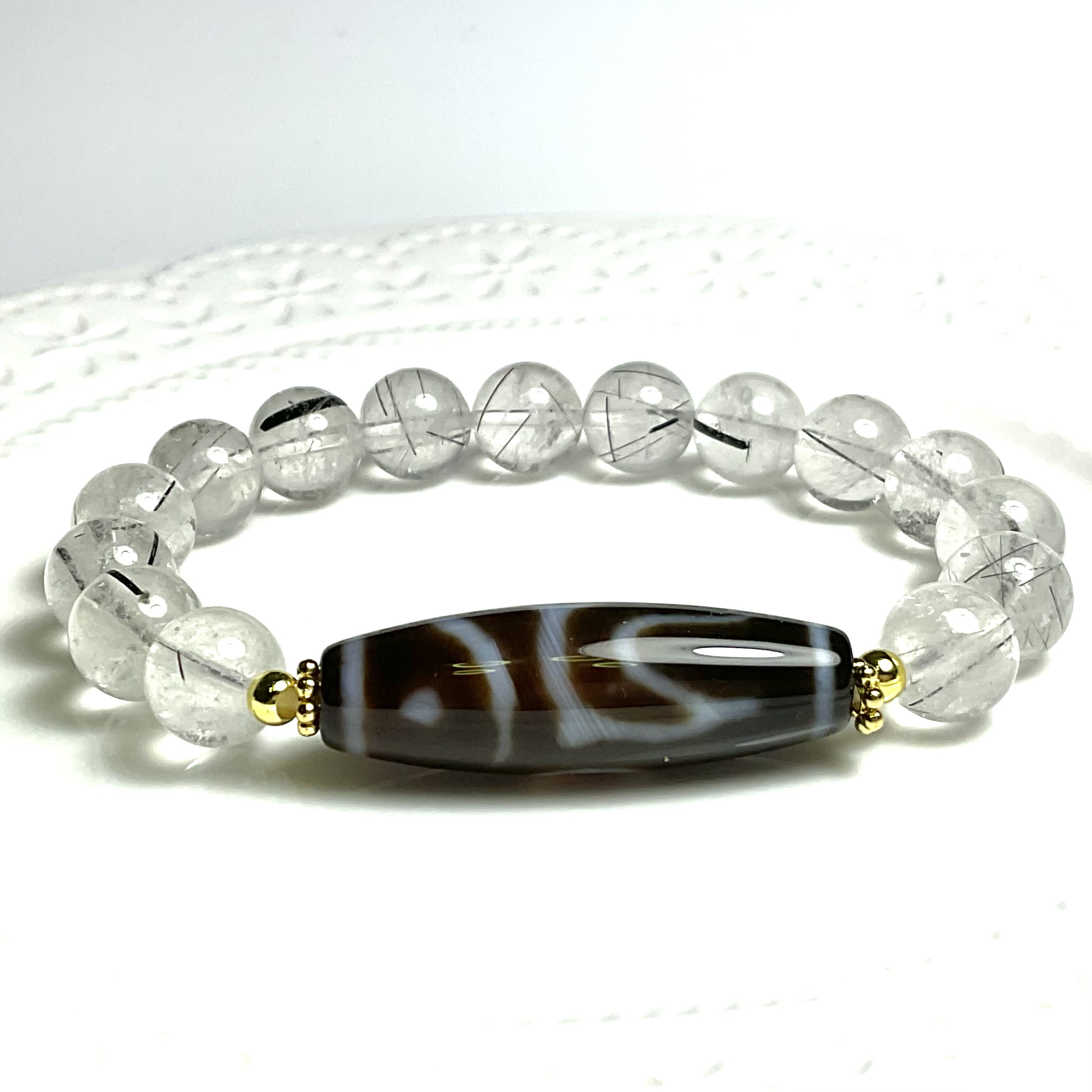 佛龍眼梵字の天珠とブラックトルマリンインクォーツのブレスレット❣️❣️