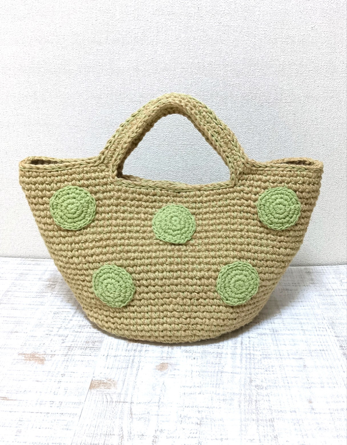 大きいドット麻ひもバッグ/内布付き/アップルグリーン/麻紐バッグ/水玉