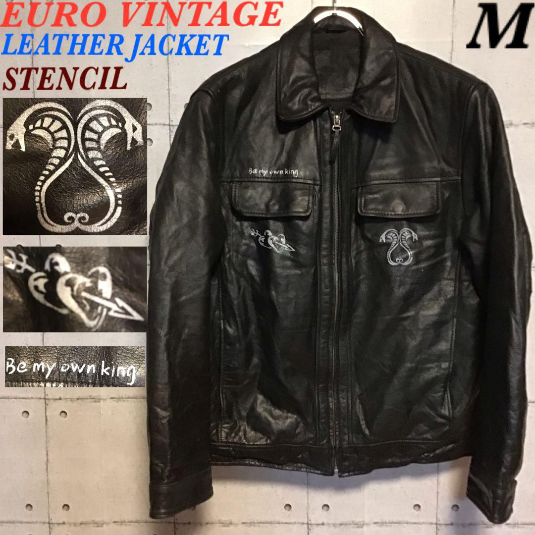 【肉厚】ユーロ ヴィンテージ レザーシングルライダース 4ポケ ステンシル ペイント M