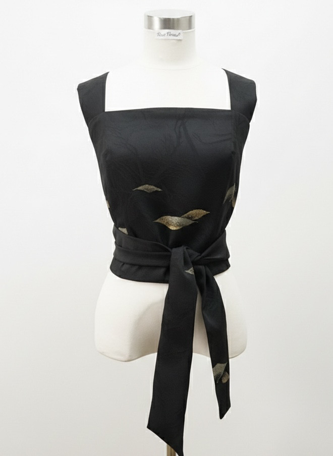 【着物リメイク】バックリボントップス 舞い散る木の葉柄