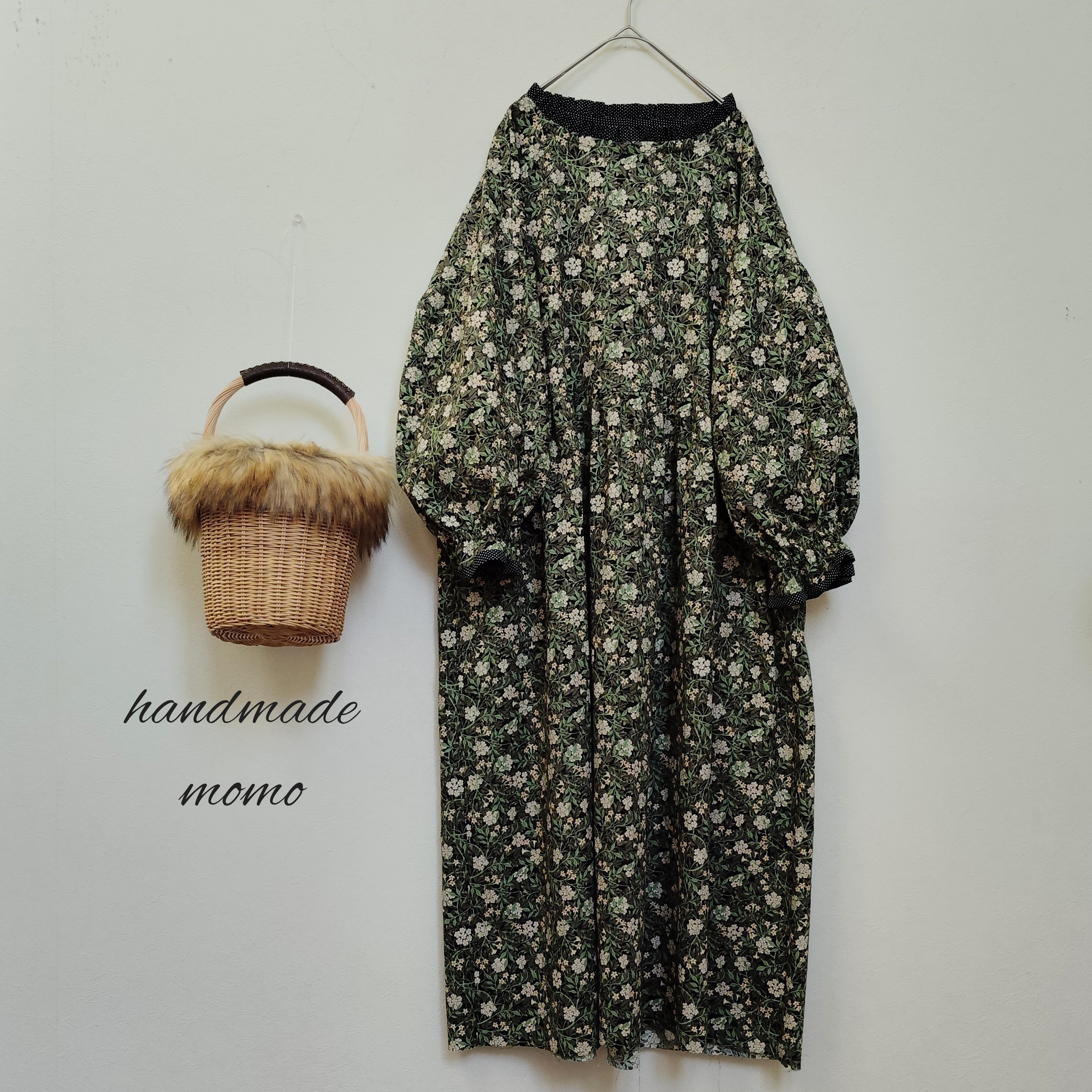 ウィリアムモリス（ジャスミン）生地ギャザーワンピースfree