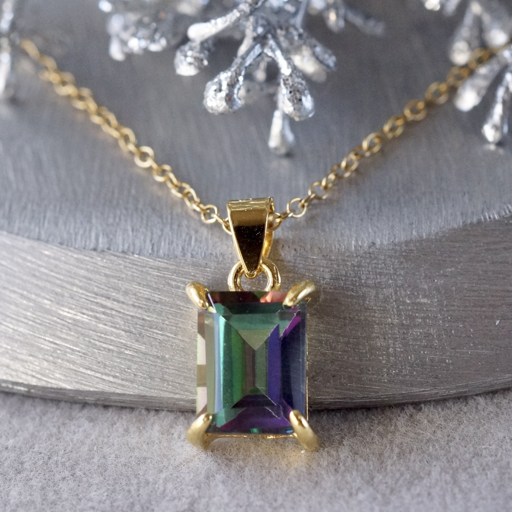 ミスティッククォーツ　レクタングル　ペンダントトップ　18kゴールドプレーテド　シルバー925　8x6mm