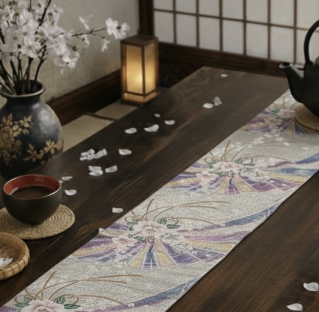 帯リメイク タペストリー ＆ テーブルランナー 140cm 豪華な銀地に扇と花刺繍 帯締め紐付