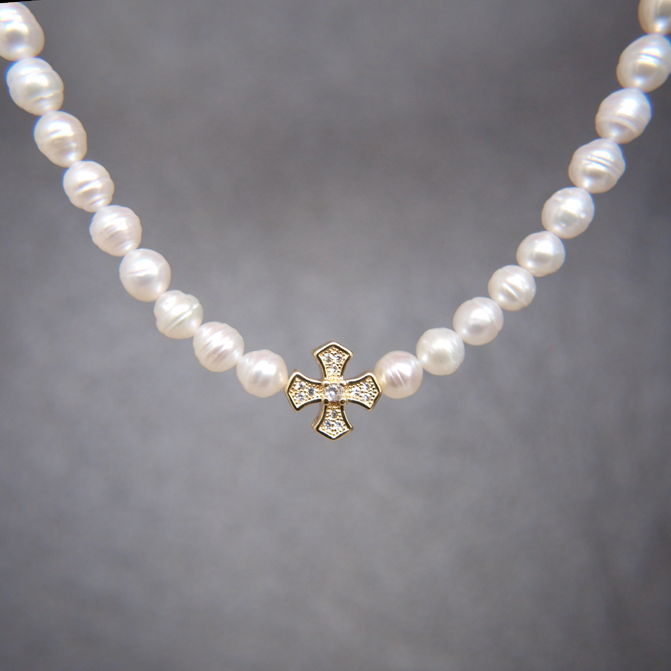 14kgp  ”Louvre” 淡水パール ネックレス クロス ホワイト 真珠