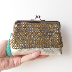 親子搭扣皮夾/配件包，英國布料和牛皮材質，含羞草色 第1張的照片