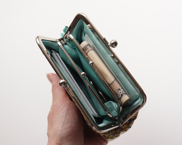 親子搭扣皮夾/配件包，英國布料和牛皮材質，含羞草色 第6張的照片