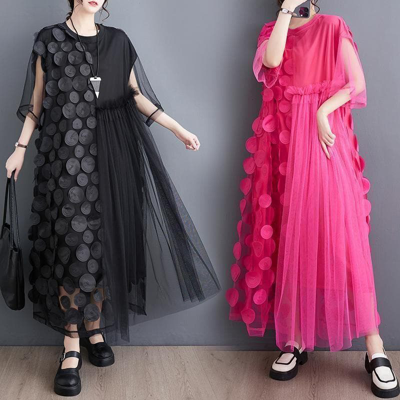 ワンピース　レース　ドット　大きいサイズ 春夏　 新品 半袖　ピンクf5