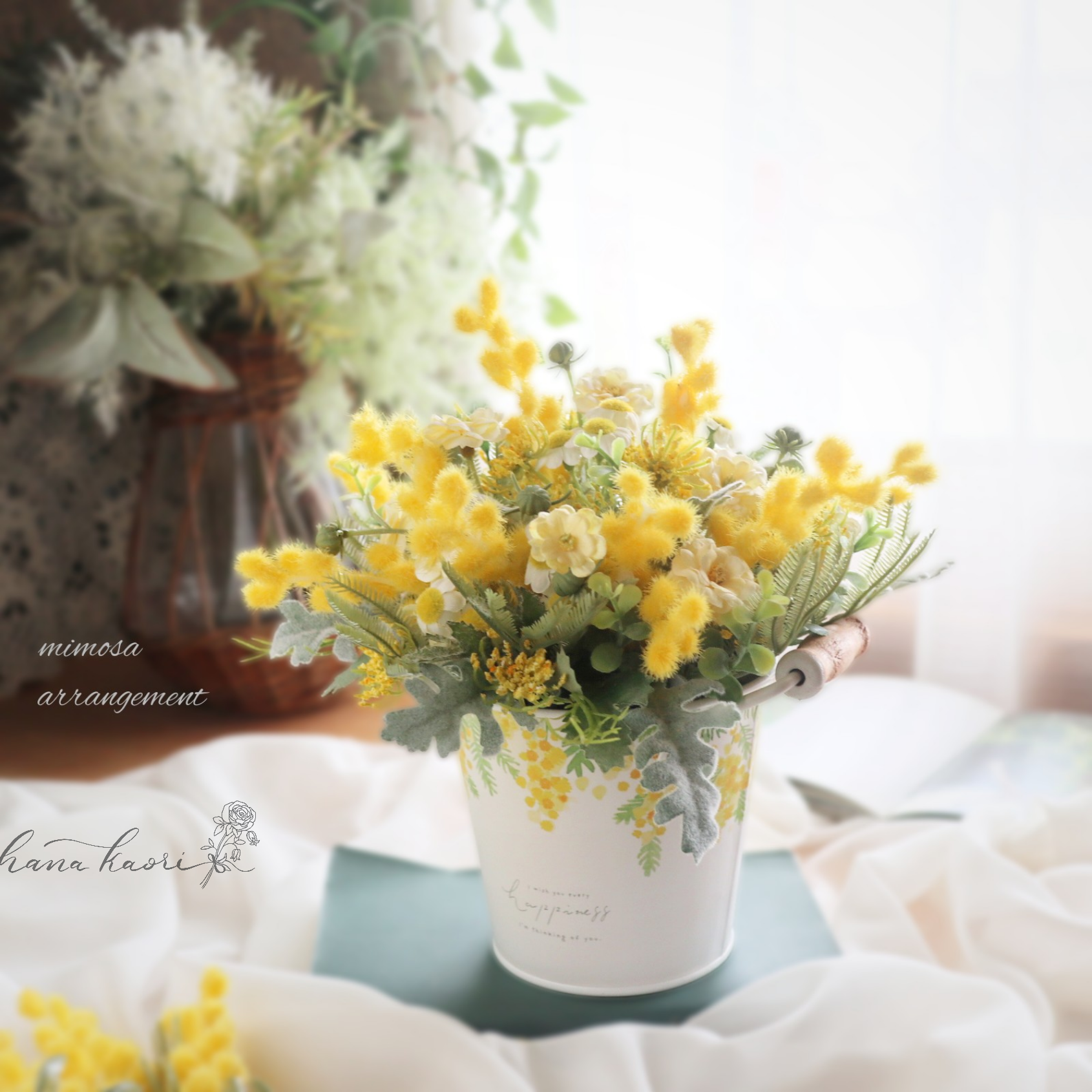 ミモザと小花のナチュラルアレンジ ❁ ブリキ 卓上 母の日 誕生日 華やか ギフト アートフラワー Creema限定