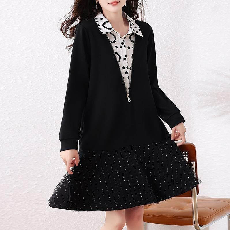 【新品】春秋冬 大きいサイズ 重ね着風 ワンピース 黒 シャツ　長袖1；