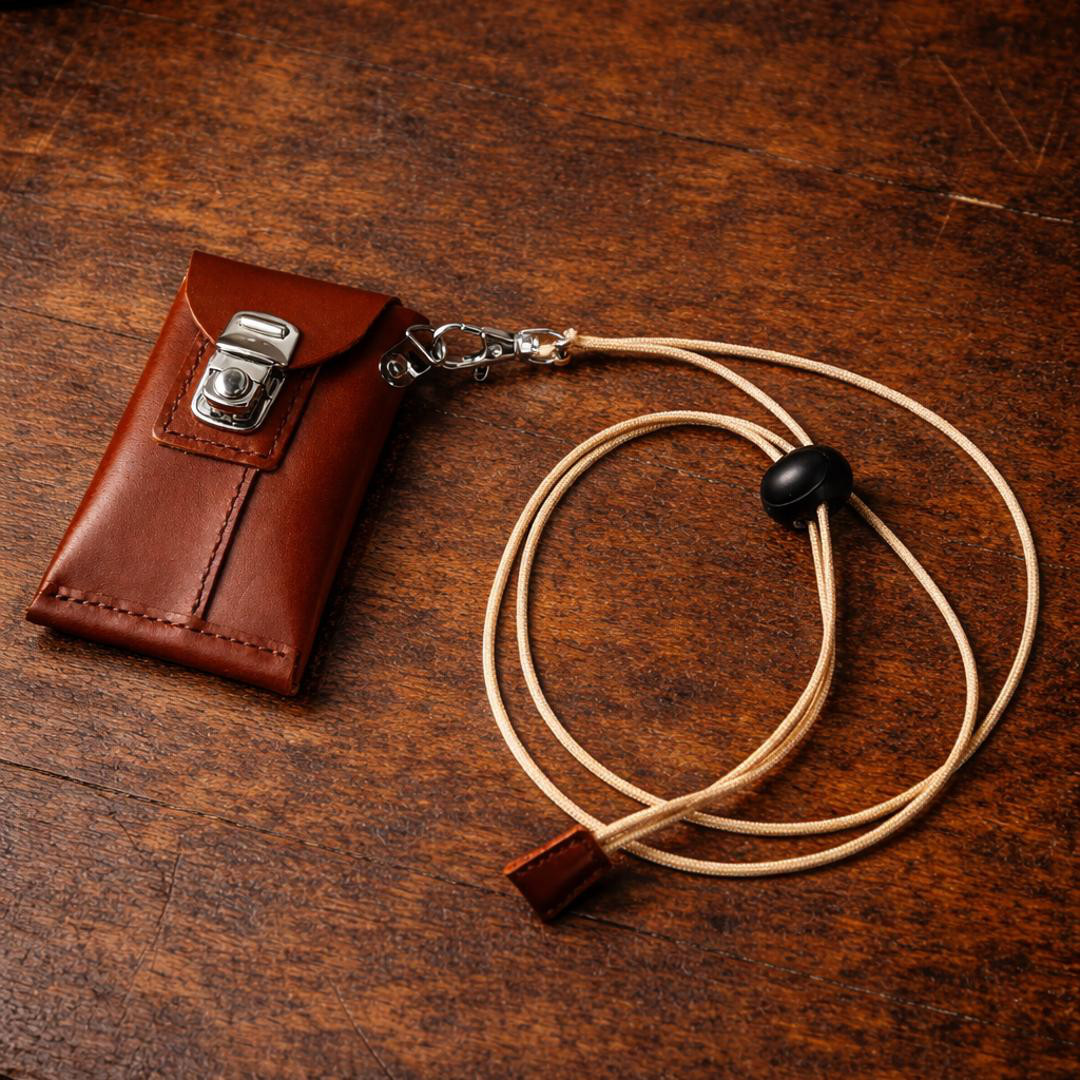 大人のポチ袋。フェスやキャンプを身軽に楽しむ本革ネックウォレット / ダークブラウン（首紐付き）