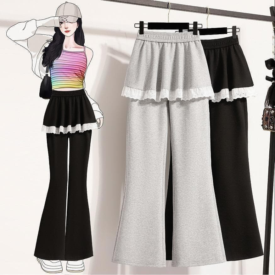 新品 大きいサイズ 秋冬 裾レース スウェット パンツ スカート風 ペプラムp