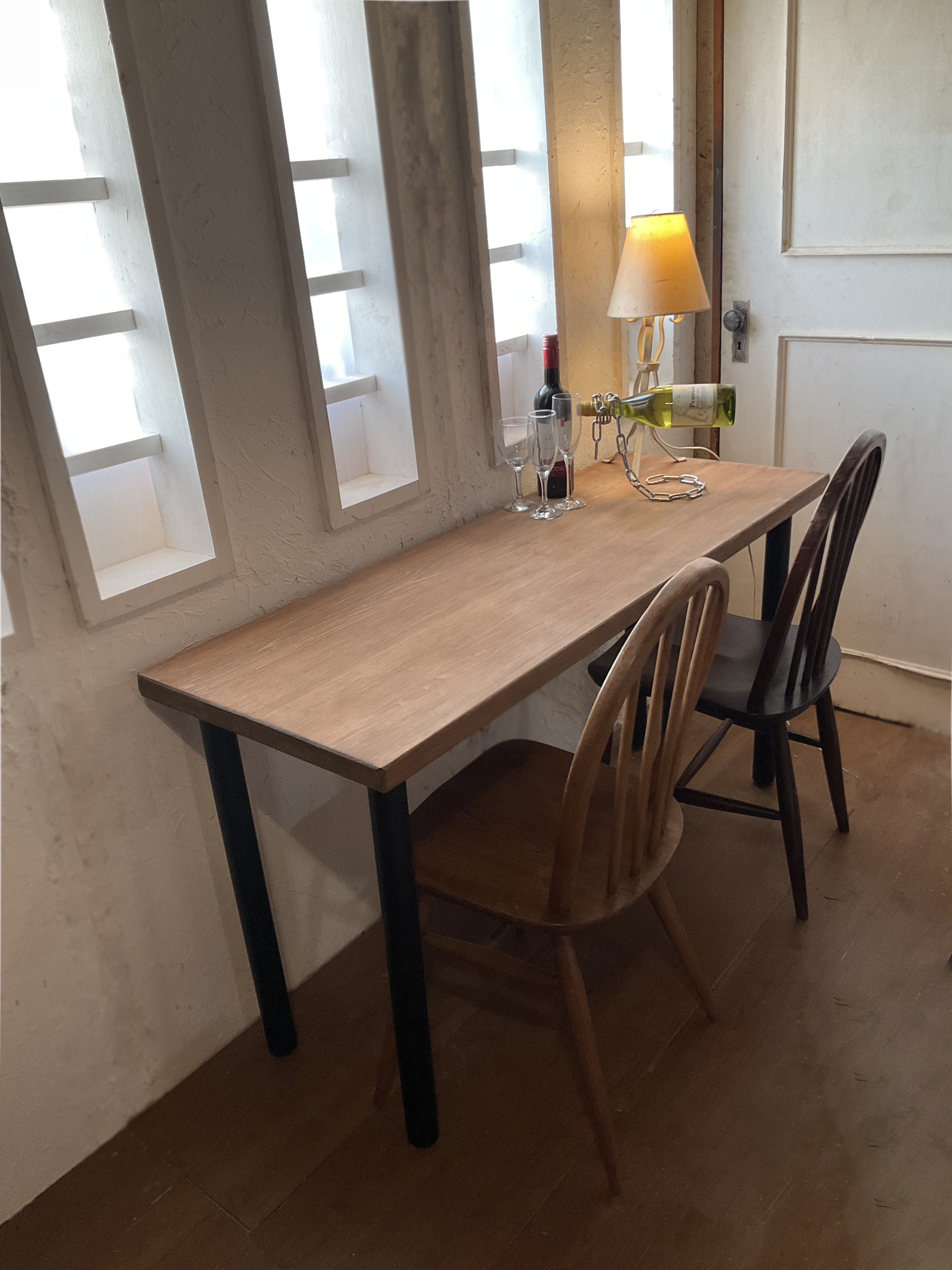 w1400ヒノキ丸鉄4本足ひのき天板140㎝奥行46㎝　カウンターテーブル　　ダイニングテーブル　カウンターテーブル