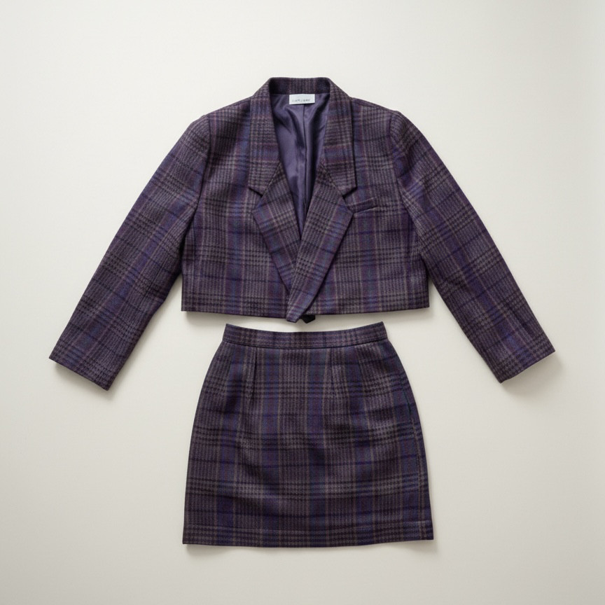 【古着リメイク】紫チェック　ウールのセットアップ