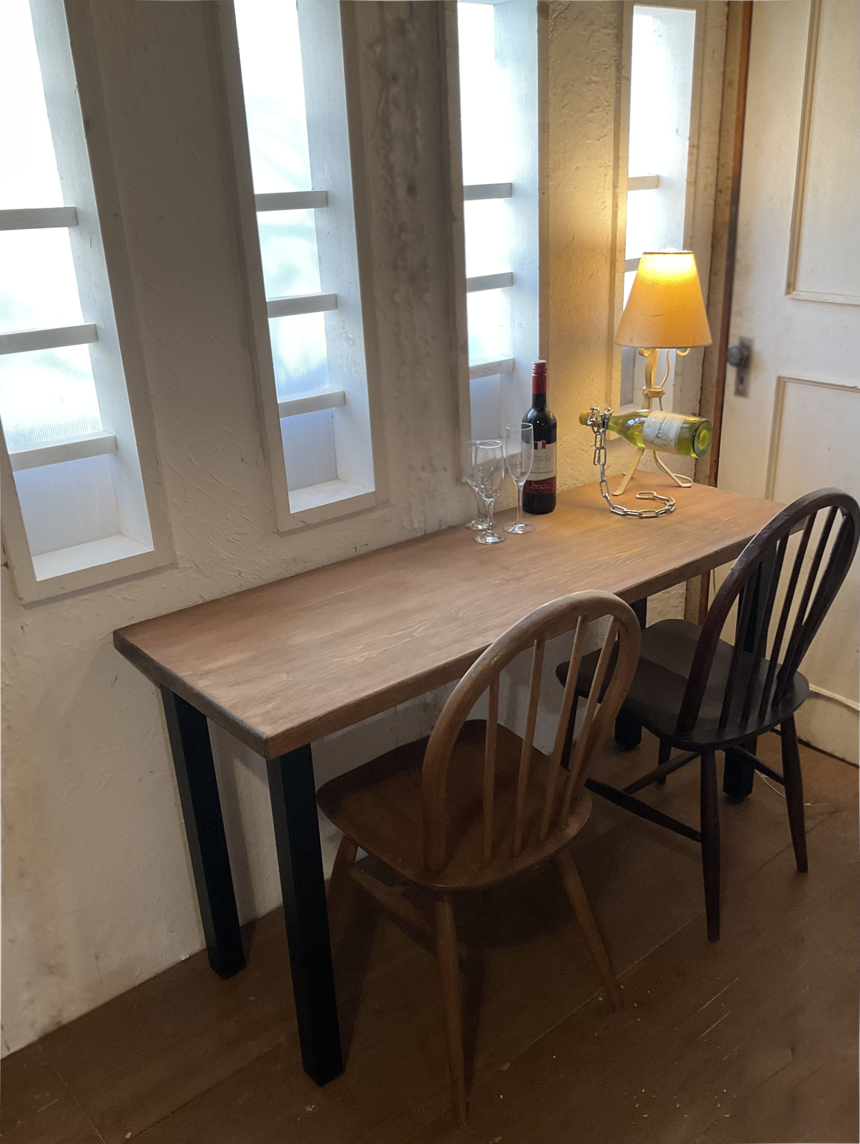 w1400 ヒノキ角鉄4本足ひのき天板140㎝奥行46㎝　カウンターテーブル　　ダイニングテーブル　カウンターテーブル