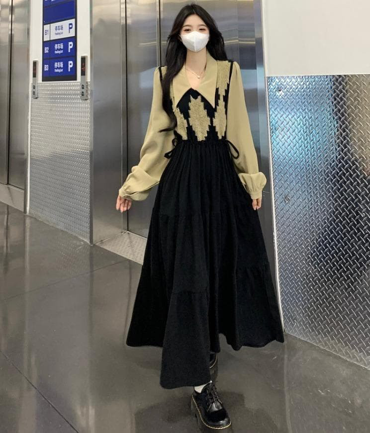 新品 大きいサイズ 秋冬 韓国 黒 ロング ワンピース ベスト風 シャツ v