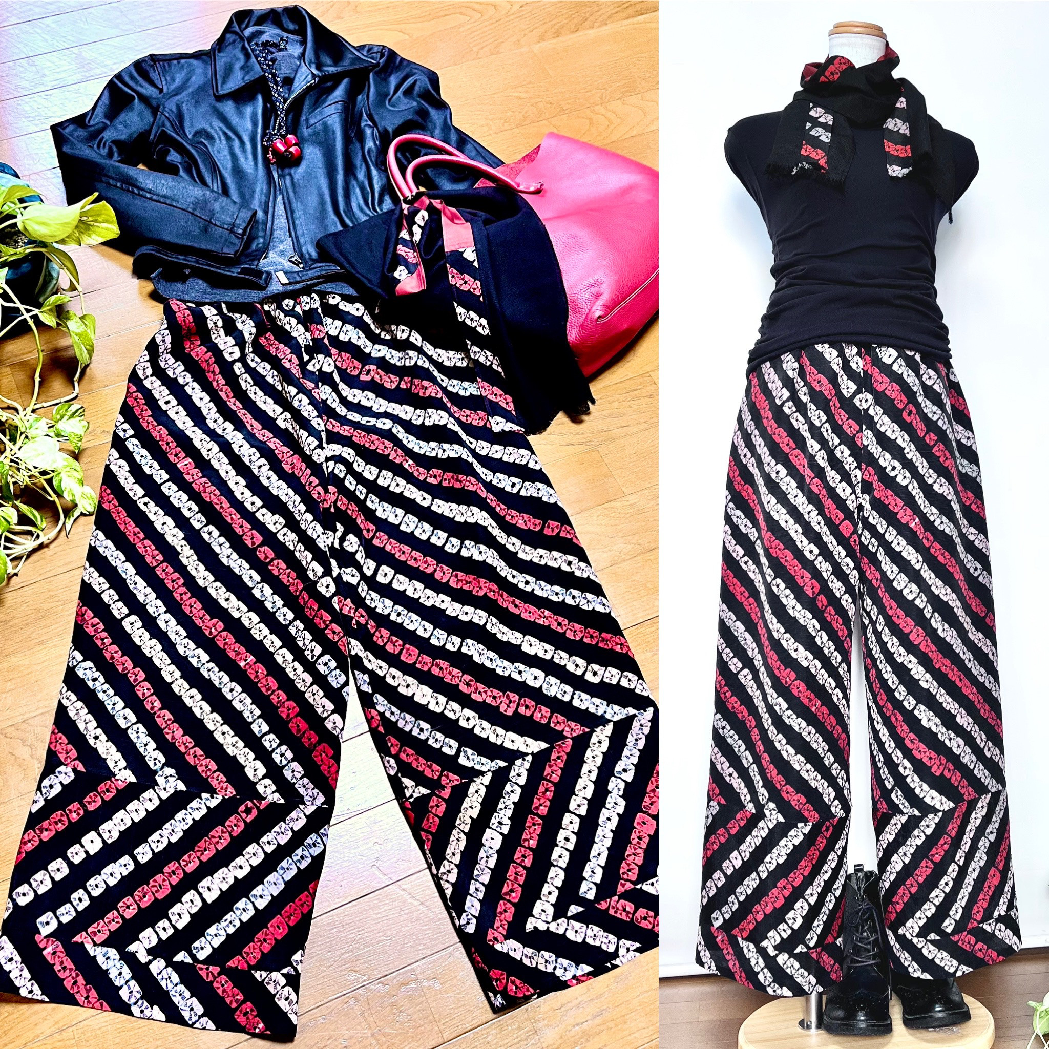 赤×黒＊和モダン絞り＊股下62cmワイドパンツ＋ストール＊裏地付き＊着物リメイク