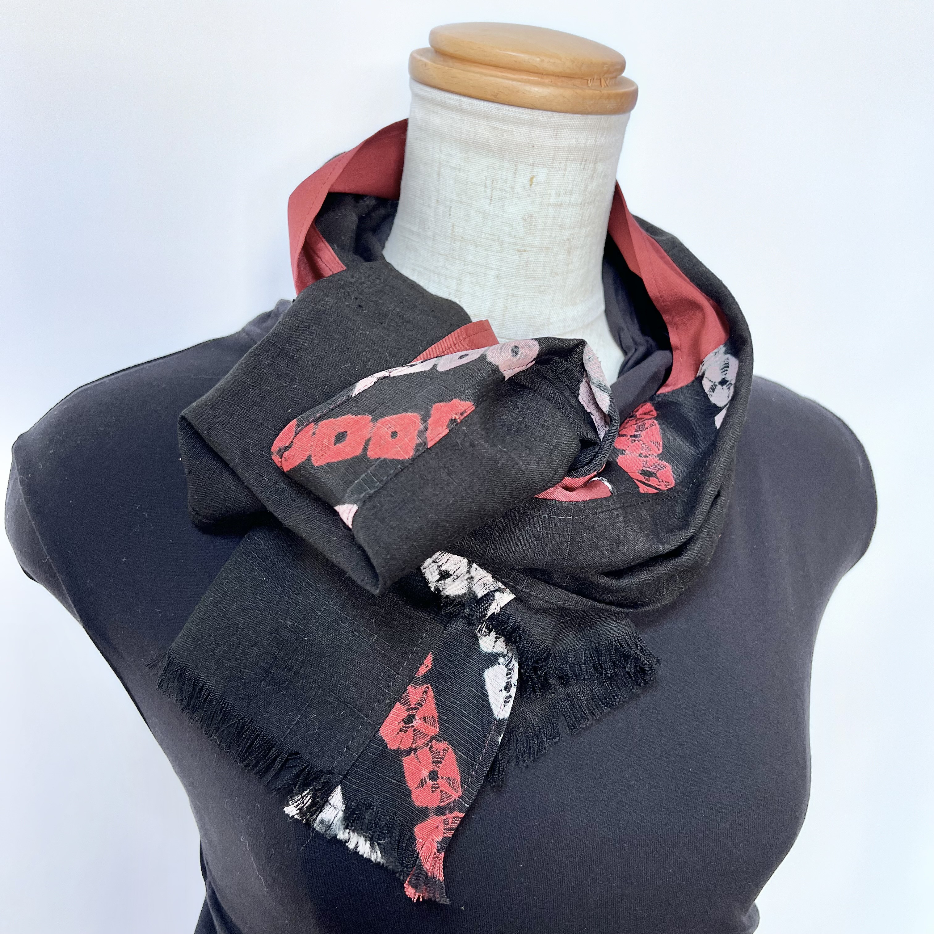 赤×黒＊和モダン絞り＊股下62cmワイドパンツ＋ストール＊裏地付き＊着物リメイク