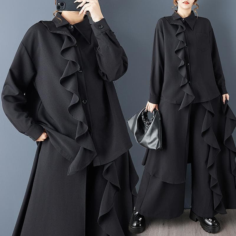 新品 セットアップ 大きいサイズ ゆったり アシメ フリル ワイドパンツ秋冬@