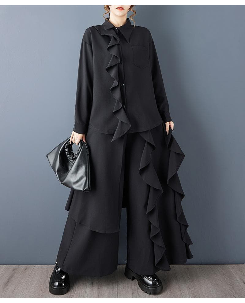 新品 セットアップ 大きいサイズ ゆったり アシメ フリル ワイドパンツ秋冬@