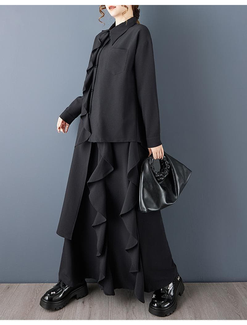 新品 セットアップ 大きいサイズ ゆったり アシメ フリル ワイドパンツ秋冬@