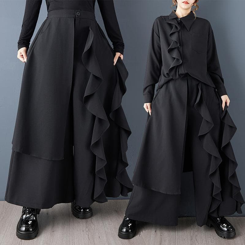 新品 セットアップ 大きいサイズ ゆったり アシメ フリル ワイドパンツ秋冬@