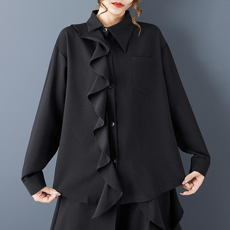 新品 セットアップ 大きいサイズ ゆったり アシメ フリル ワイドパンツ秋冬@