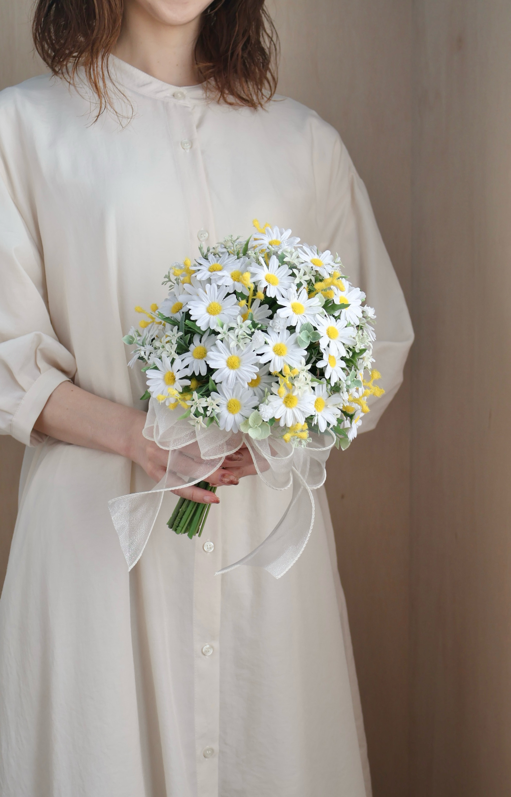 マーガレットのふんわりブーケ/ミモザMIX/ブートニア付き アーティフィシャル 造花ブーケ ウェディングブーケ