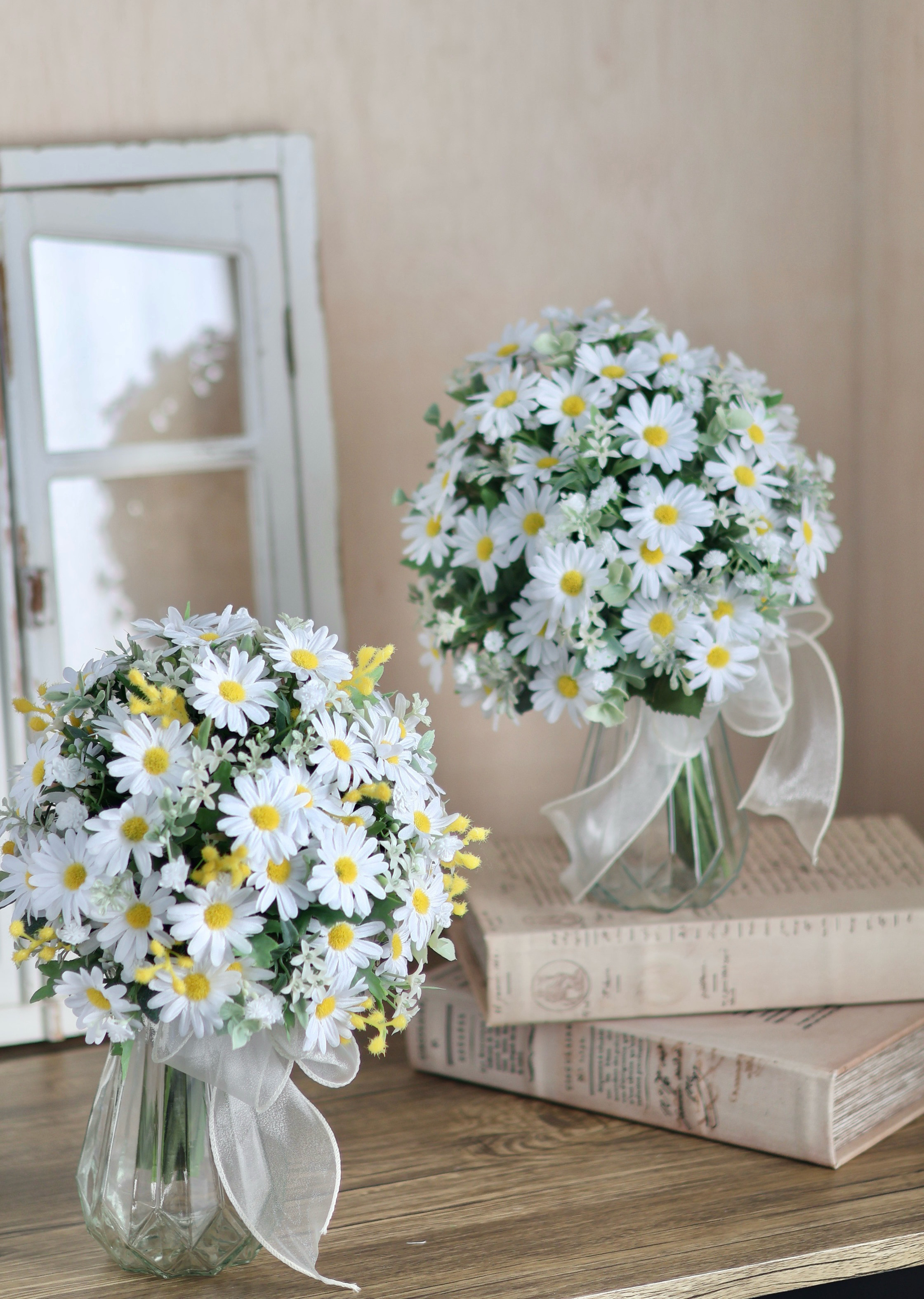 マーガレットのふんわりブーケ/ミモザMIX/ブートニア付き アーティフィシャル 造花ブーケ ウェディングブーケ