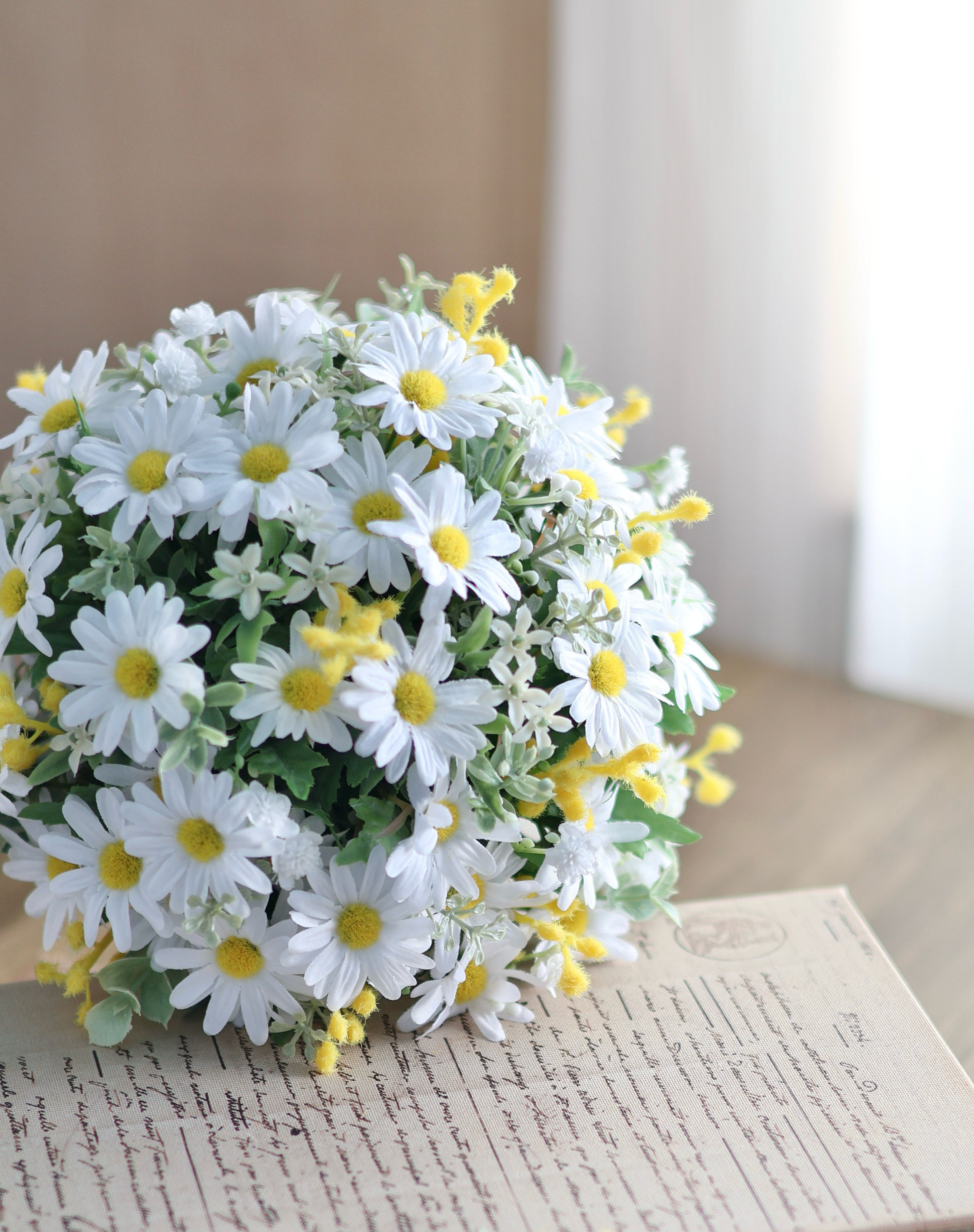 マーガレットのふんわりブーケ/ミモザMIX/ブートニア付き アーティフィシャル 造花ブーケ ウェディングブーケ