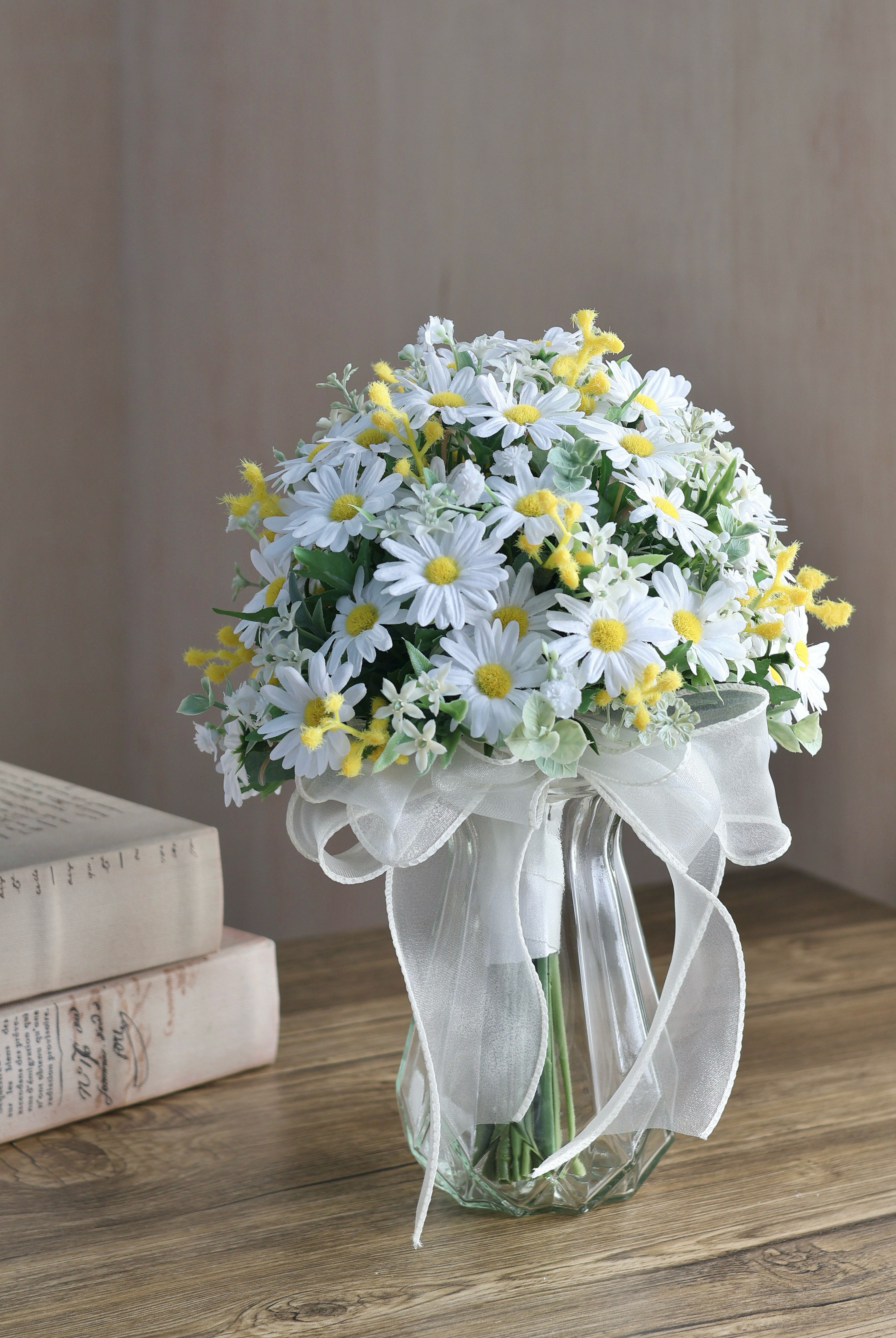 マーガレットのふんわりブーケ/ミモザMIX/ブートニア付き アーティフィシャル 造花ブーケ ウェディングブーケ