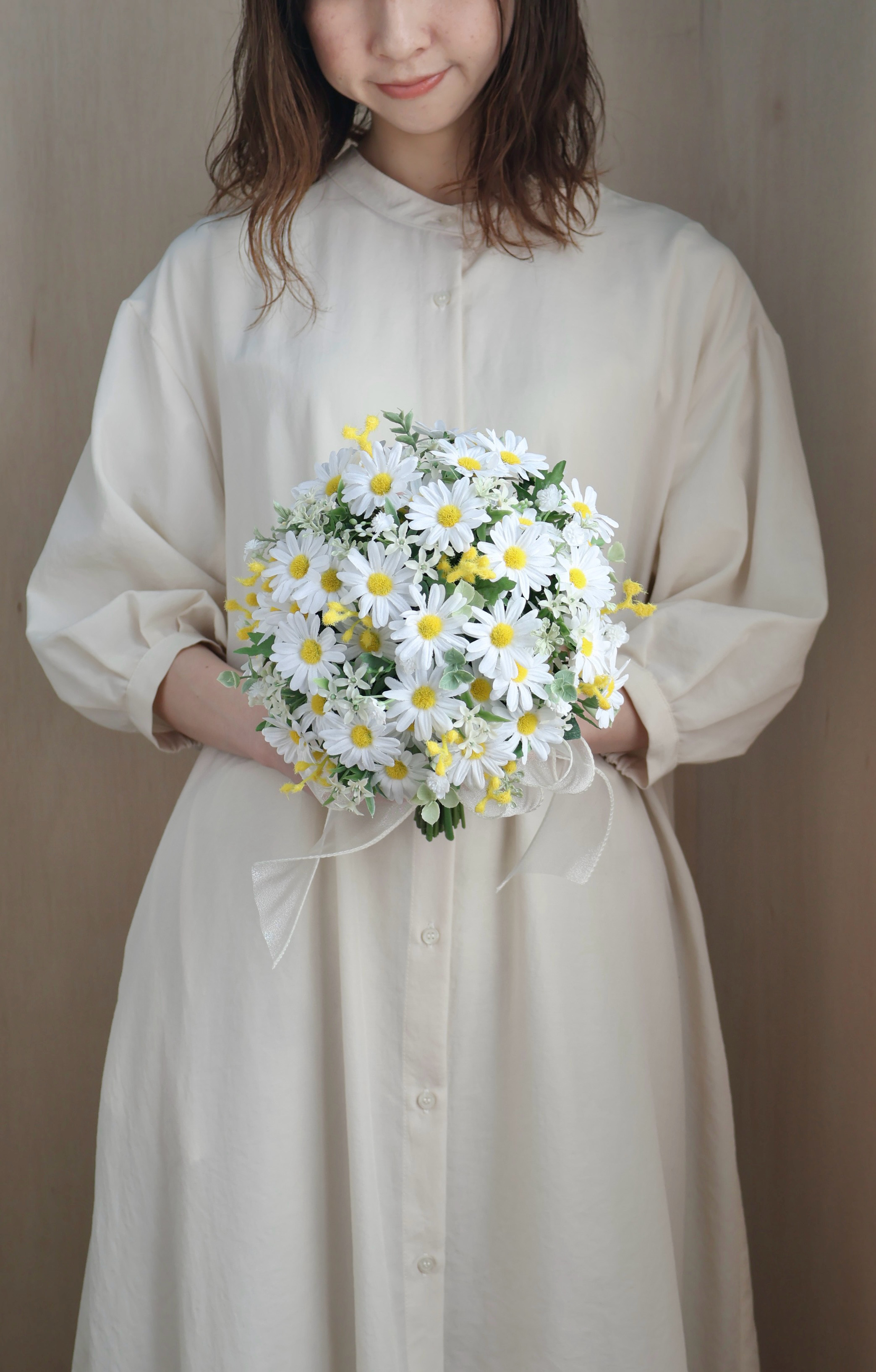 マーガレットのふんわりブーケ/ミモザMIX/ブートニア付き アーティフィシャル 造花ブーケ ウェディングブーケ