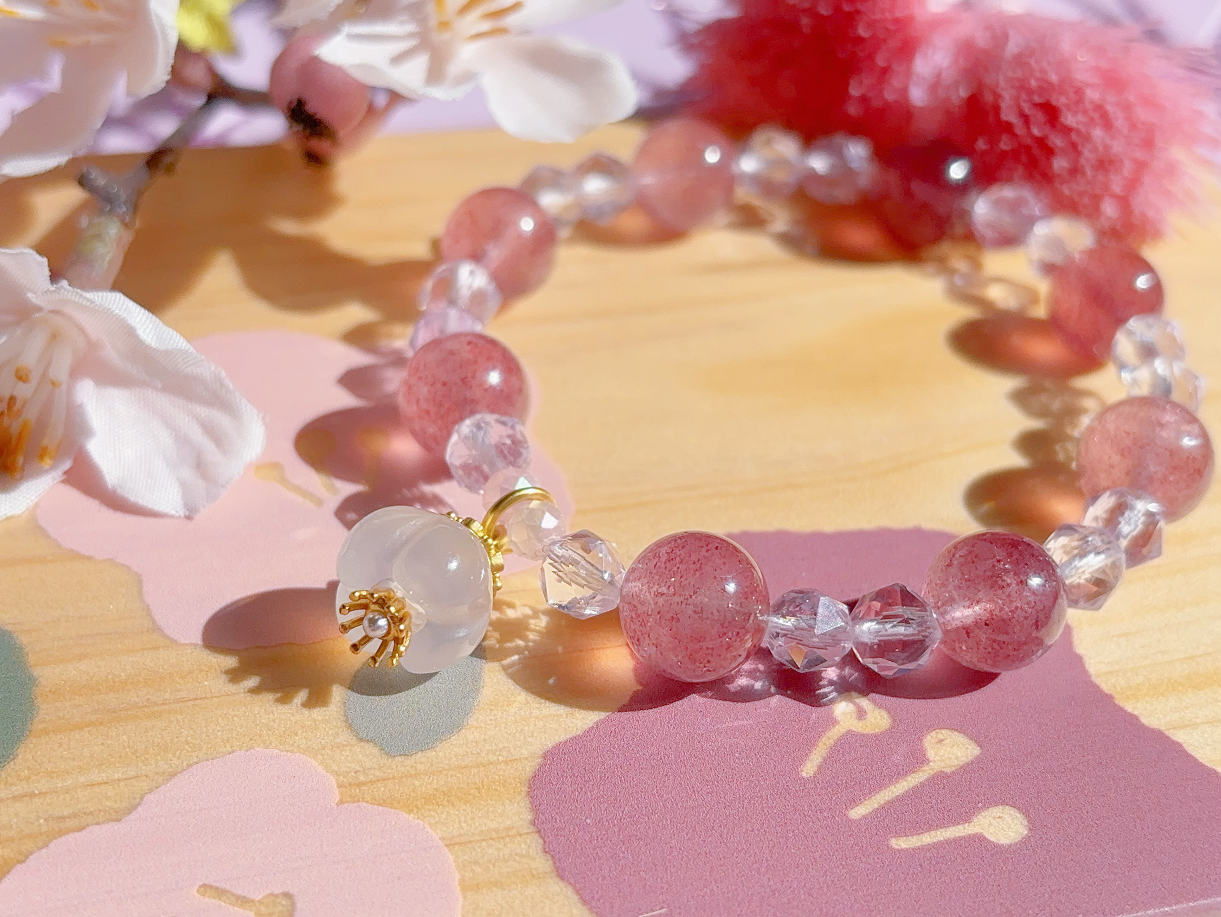 ライチの雫｜ストロベリークォーツ × ダイヤカットアメジスト 天然石デザイントブレスレット｜上品なピンクとクリアの煌めき