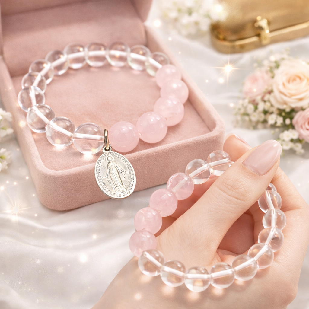 ローズクォーツ × 水晶 ブレスレット　フランスのメダイユ教会のメダイ付き