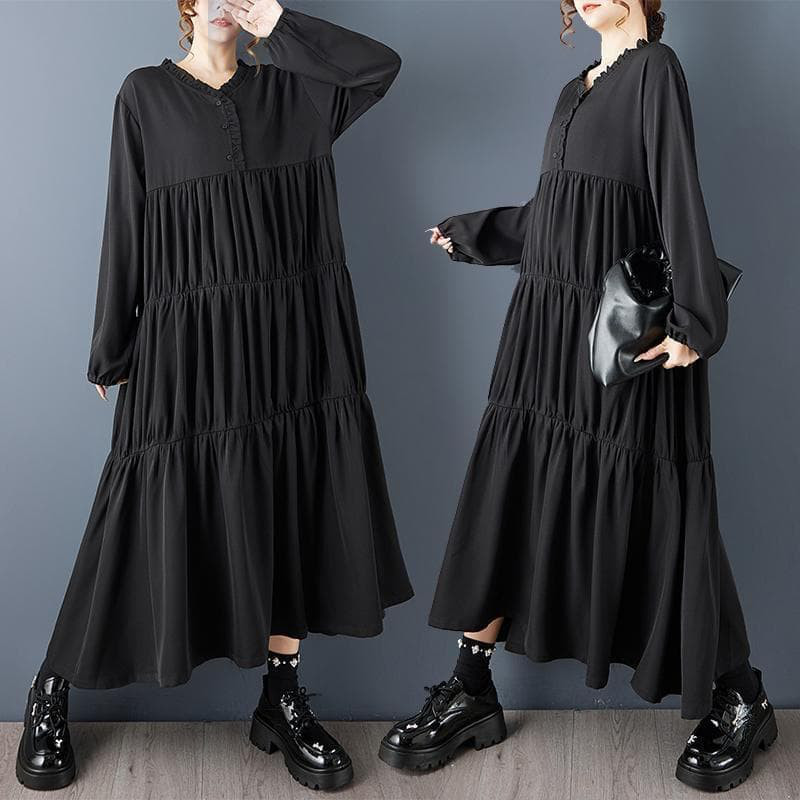 新品 大きいサイズ ゆったり ティアード ワンピース 黒 ロング 春秋冬　長袖g